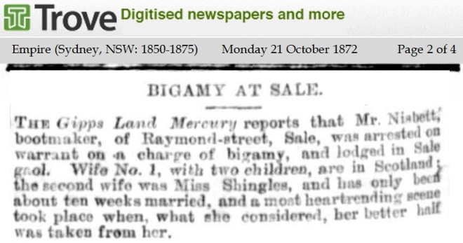 1872 - Thomas Nisbet - Bigamy at Sale